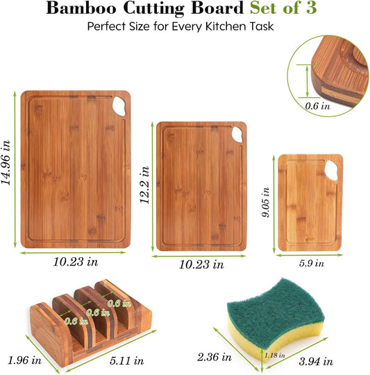Bamboo Cutting Board 4-Piece Set,Deep-Carbonized Reversible Charcuterie Boards With Juice Grooves,Include Storage Stand&Cleaning Sponge,Knife Friendly,Sturdy,Perfect Kitchen Gift Set