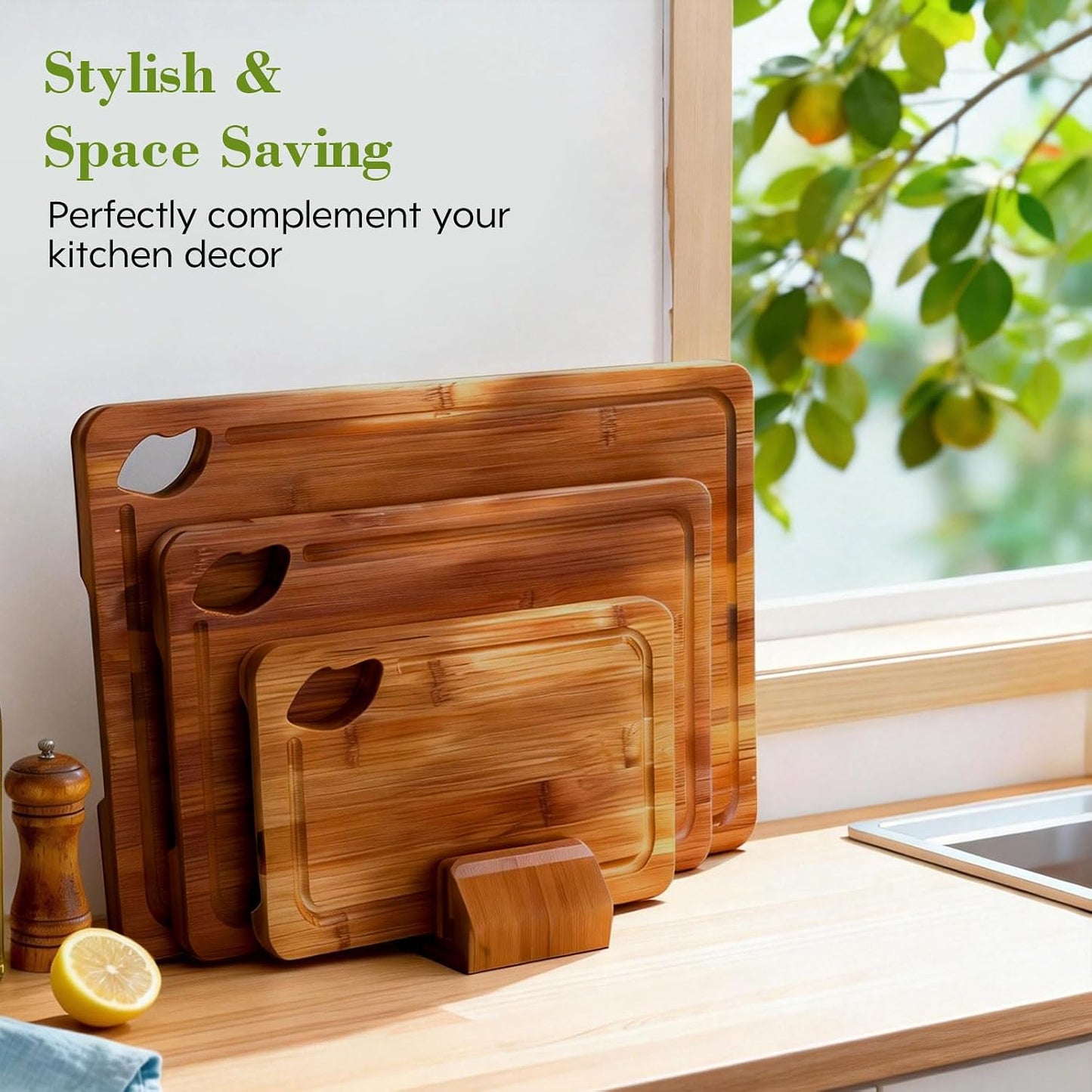Bamboo Cutting Board 4-Piece Set,Deep-Carbonized Reversible Charcuterie Boards With Juice Grooves,Include Storage Stand&Cleaning Sponge,Knife Friendly,Sturdy,Perfect Kitchen Gift Set