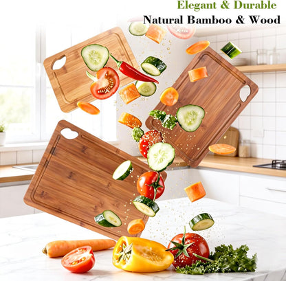 Bamboo Cutting Board 4-Piece Set,Deep-Carbonized Reversible Charcuterie Boards With Juice Grooves,Include Storage Stand&Cleaning Sponge,Knife Friendly,Sturdy,Perfect Kitchen Gift Set