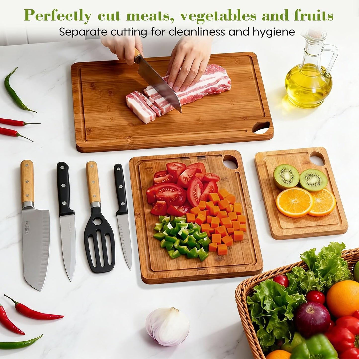 Bamboo Cutting Board 4-Piece Set,Deep-Carbonized Reversible Charcuterie Boards With Juice Grooves,Include Storage Stand&Cleaning Sponge,Knife Friendly,Sturdy,Perfect Kitchen Gift Set