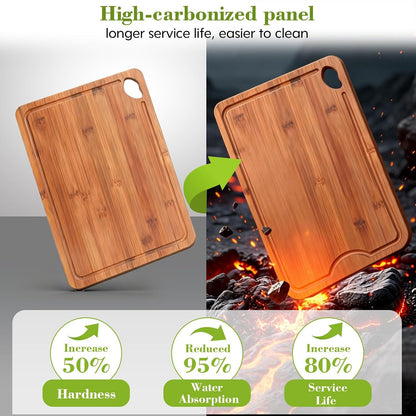 Bamboo Cutting Board 4-Piece Set,Deep-Carbonized Reversible Charcuterie Boards With Juice Grooves,Include Storage Stand&Cleaning Sponge,Knife Friendly,Sturdy,Perfect Kitchen Gift Set