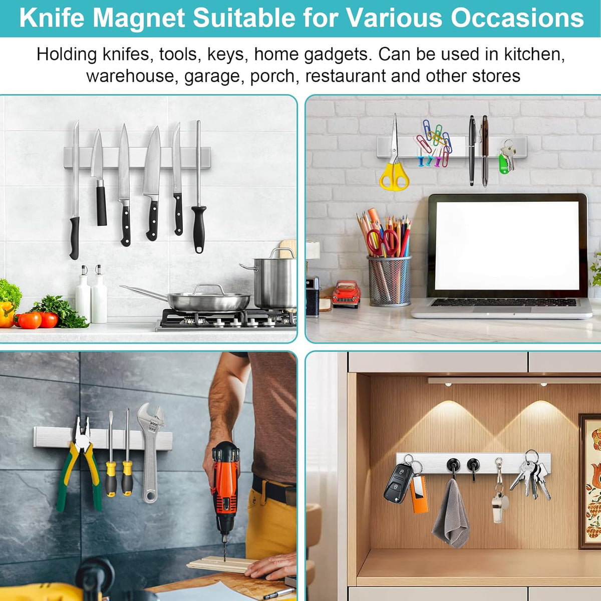 24 Inch Magnetic Knife Holder with Extra Strong Hold, Metal Knife Magnetic Strip for Wall Mount Kitchen RV Storage and Organization, Heavy Duty Magnetic Tool Rack for Tools, Knives Block Utensils