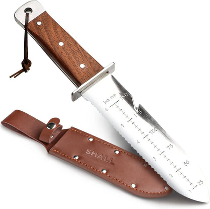 Hori Hori, Japanese Garden Knife, Soil Knife with Leather Sheath, Rosewood Handle & Hide Rope, 7” Stainless Steel Blade, Rope Cutting Edge, for Digging, Weeding, Planting, Full-Tang