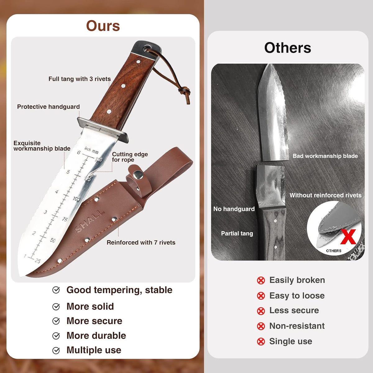 Hori Hori, Japanese Garden Knife, Soil Knife with Leather Sheath, Rosewood Handle & Hide Rope, 7” Stainless Steel Blade, Rope Cutting Edge, for Digging, Weeding, Planting, Full-Tang