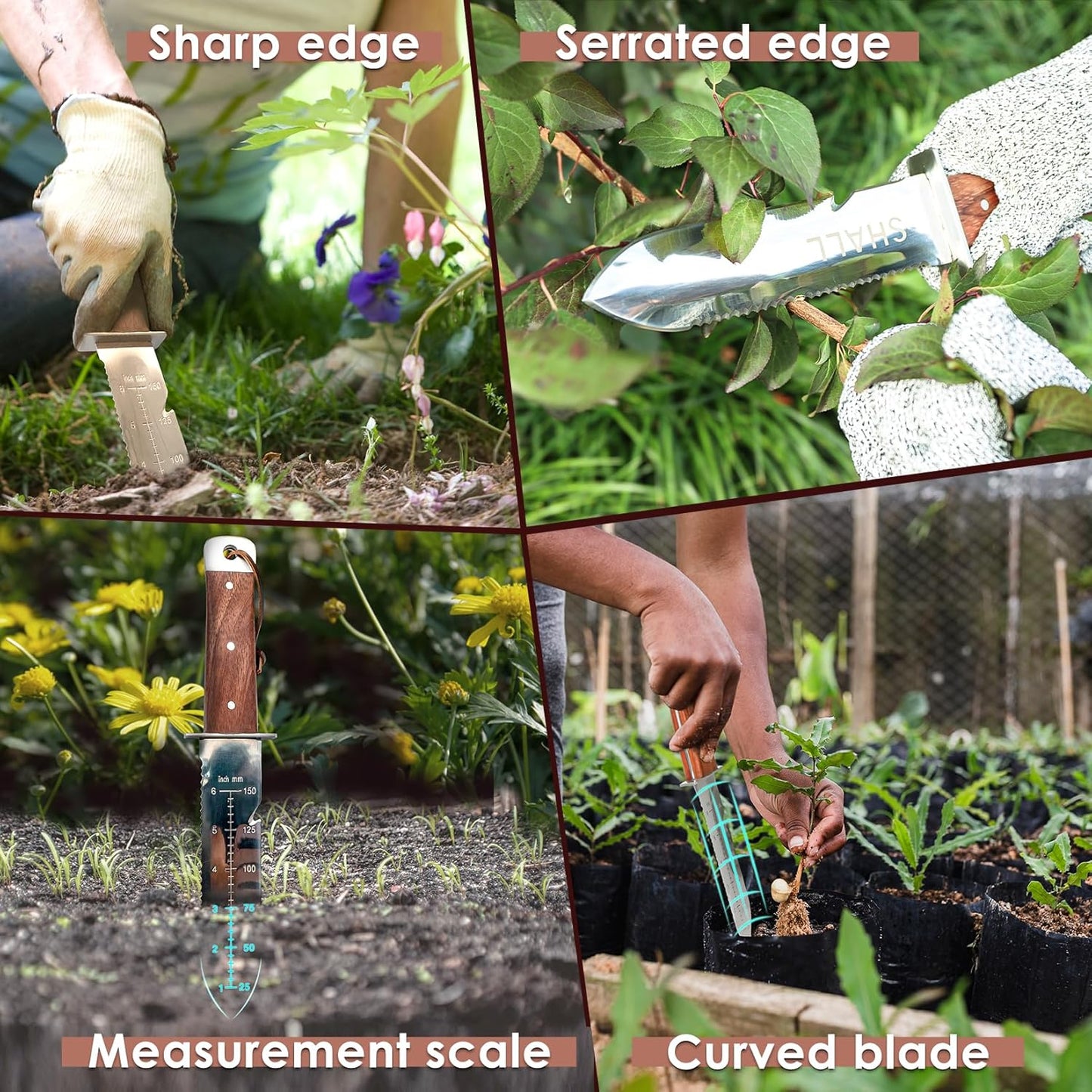 Hori Hori, Japanese Garden Knife, Soil Knife with Leather Sheath, Rosewood Handle & Hide Rope, 7” Stainless Steel Blade, Rope Cutting Edge, for Digging, Weeding, Planting, Full-Tang