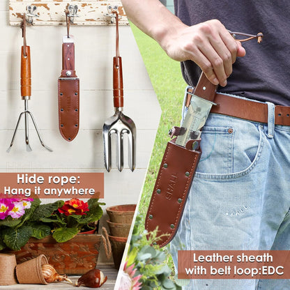 Hori Hori, Japanese Garden Knife, Soil Knife with Leather Sheath, Rosewood Handle & Hide Rope, 7” Stainless Steel Blade, Rope Cutting Edge, for Digging, Weeding, Planting, Full-Tang
