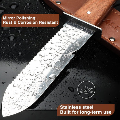 Hori Hori, Japanese Garden Knife, Soil Knife with Leather Sheath, Rosewood Handle & Hide Rope, 7” Stainless Steel Blade, Rope Cutting Edge, for Digging, Weeding, Planting, Full-Tang