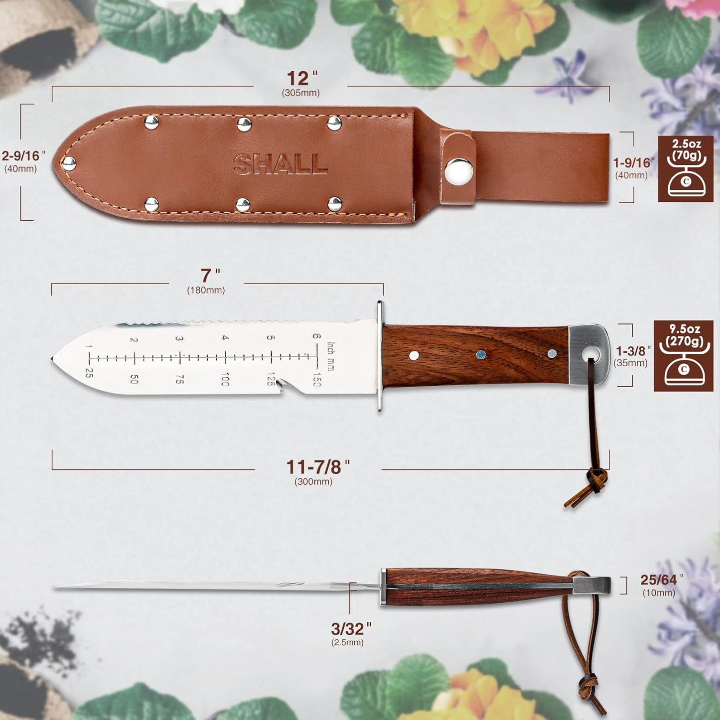 Hori Hori, Japanese Garden Knife, Soil Knife with Leather Sheath, Rosewood Handle & Hide Rope, 7” Stainless Steel Blade, Rope Cutting Edge, for Digging, Weeding, Planting, Full-Tang