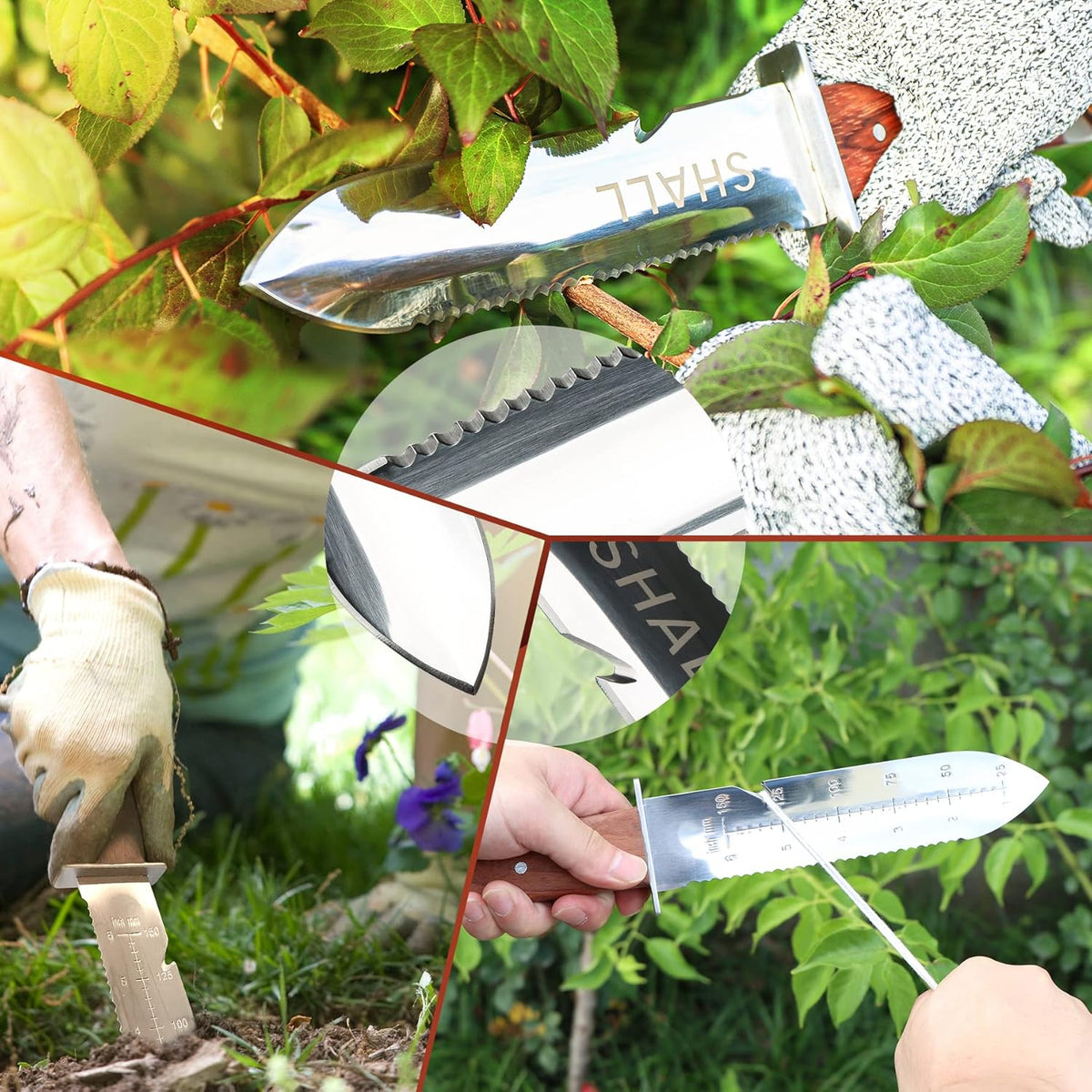 Hori Hori, Japanese Garden Knife, Soil Knife with Leather Sheath, Rosewood Handle & Hide Rope, 7” Stainless Steel Blade, Rope Cutting Edge, for Digging, Weeding, Planting, Full-Tang