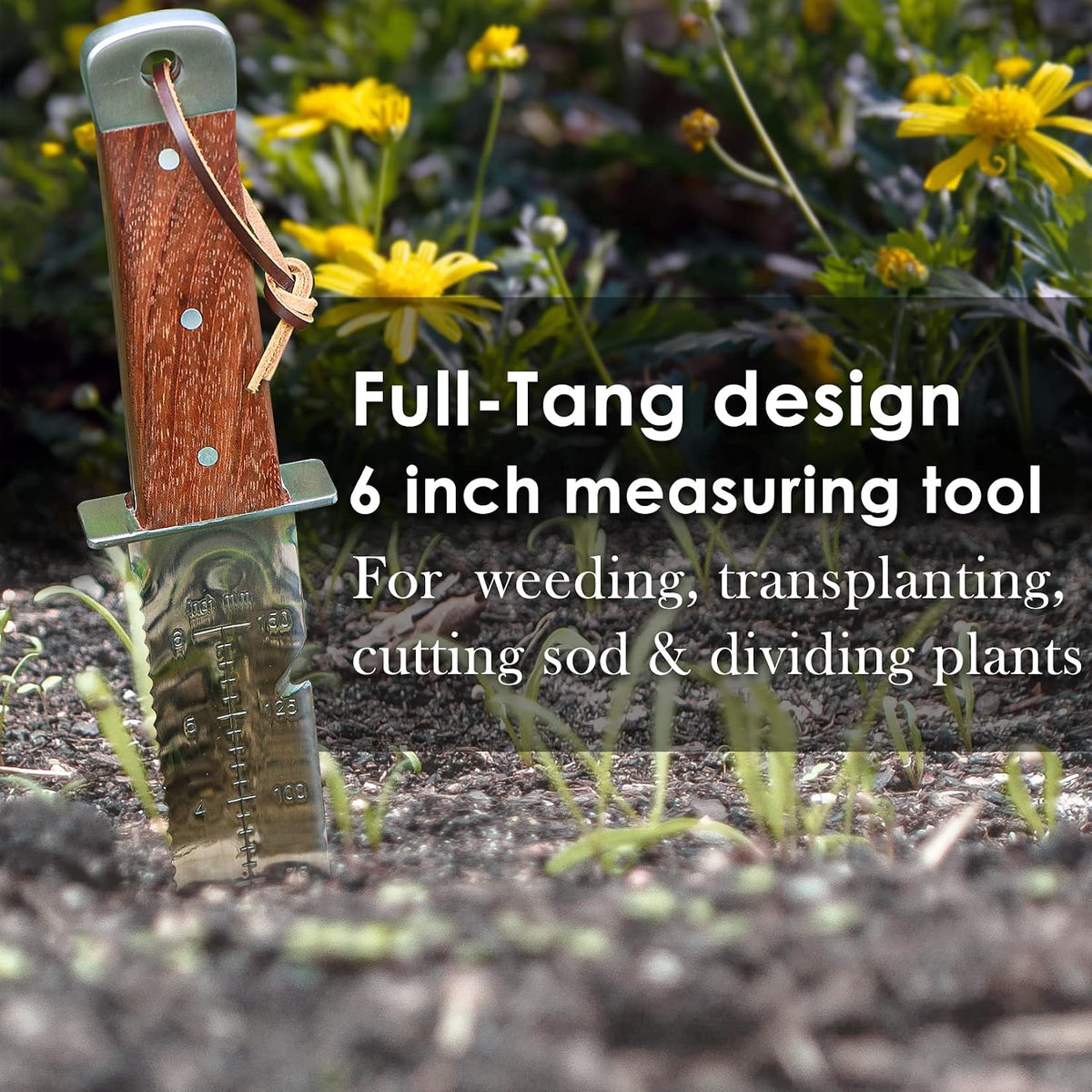 Hori Hori, Japanese Garden Knife, Soil Knife with Leather Sheath, Rosewood Handle & Hide Rope, 7” Stainless Steel Blade, Rope Cutting Edge, for Digging, Weeding, Planting, Full-Tang