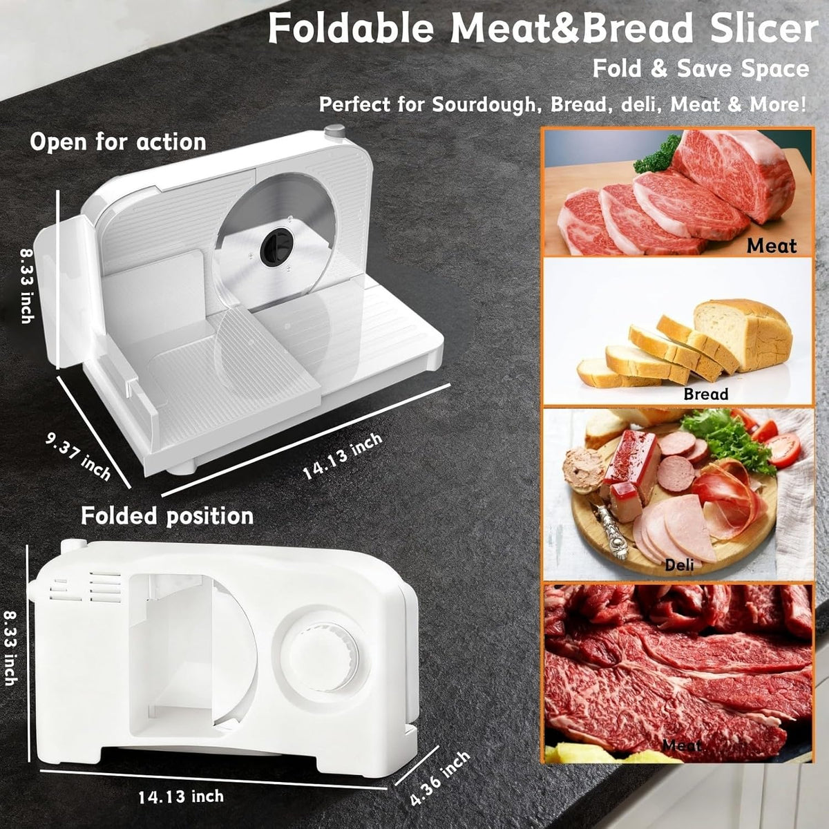 Meat Slicer for Home, 150W Foldable Deli Meat Slicer with 6.7'' Blade, Child Lock Protect Electric Food Slicer, Adjustable Thickness Portable Food Cutter Machine for Meat Deli Bread (White)