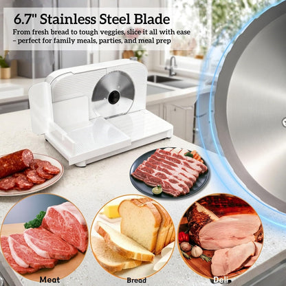 Meat Slicer for Home, 150W Foldable Deli Meat Slicer with 6.7'' Blade, Child Lock Protect Electric Food Slicer, Adjustable Thickness Portable Food Cutter Machine for Meat Deli Bread (White)
