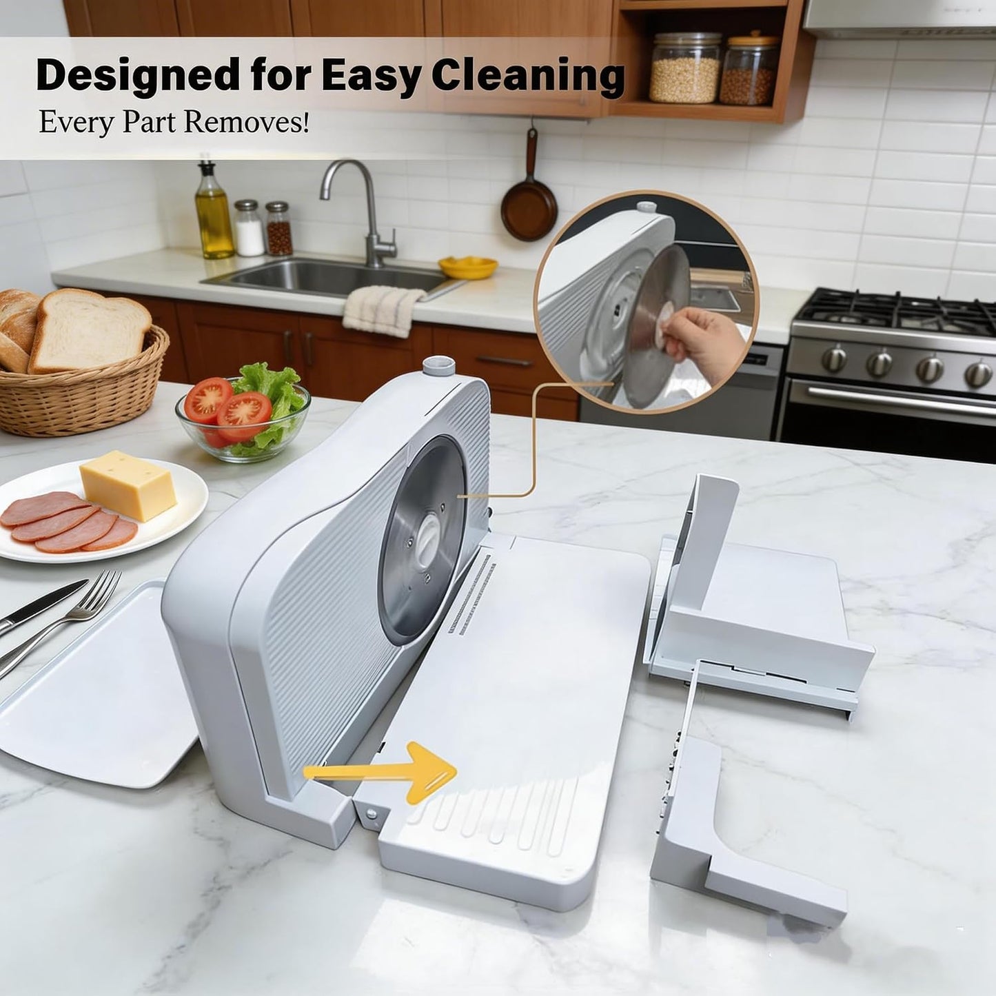 Meat Slicer for Home, 150W Foldable Deli Meat Slicer with 6.7'' Blade, Child Lock Protect Electric Food Slicer, Adjustable Thickness Portable Food Cutter Machine for Meat Deli Bread (White)