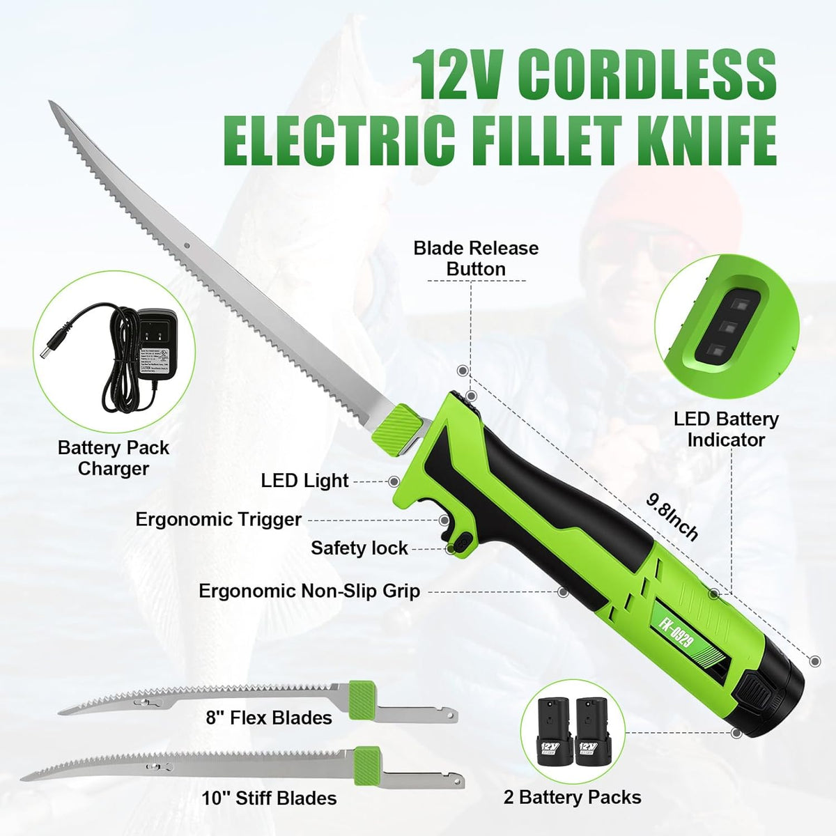 MCY 12V Cordless Electric Fillet Knife, Fishing Fillet Knife with Safety Lock Non-Slip Grip Handle, 8''& 10''Razor-Sharp Blades, 2 Rechargeable Battery, Quick Battery Charger, Storage bag, Electric Fish Fillet Knife for Fishing, Filleting, Outdoors