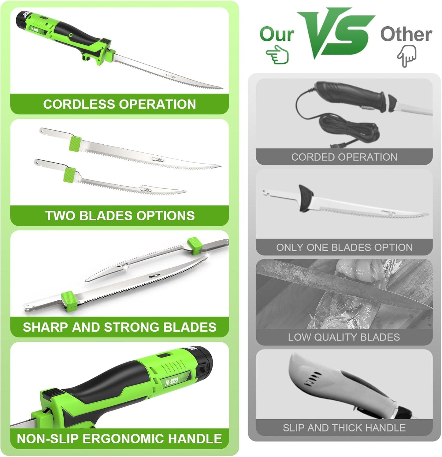 MCY 12V Cordless Electric Fillet Knife, Fishing Fillet Knife with Safety Lock Non-Slip Grip Handle, 8''& 10''Razor-Sharp Blades, 2 Rechargeable Battery, Quick Battery Charger, Storage bag, Electric Fish Fillet Knife for Fishing, Filleting, Outdoors