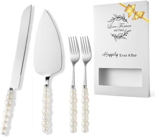 4Pcs Wedding Cake Knife and Server Set, Cake Cutting Set (Silver) | Ceramic Pearl Stainless Steel Pie Cutter, Bridal Shower Gifts, Engagement Gift for Couples