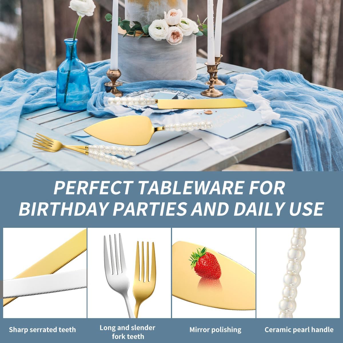 4Pcs Wedding Cake Knife and Server Set, Cake Cutting Set (Silver) | Ceramic Pearl Stainless Steel Pie Cutter, Bridal Shower Gifts, Engagement Gift for Couples