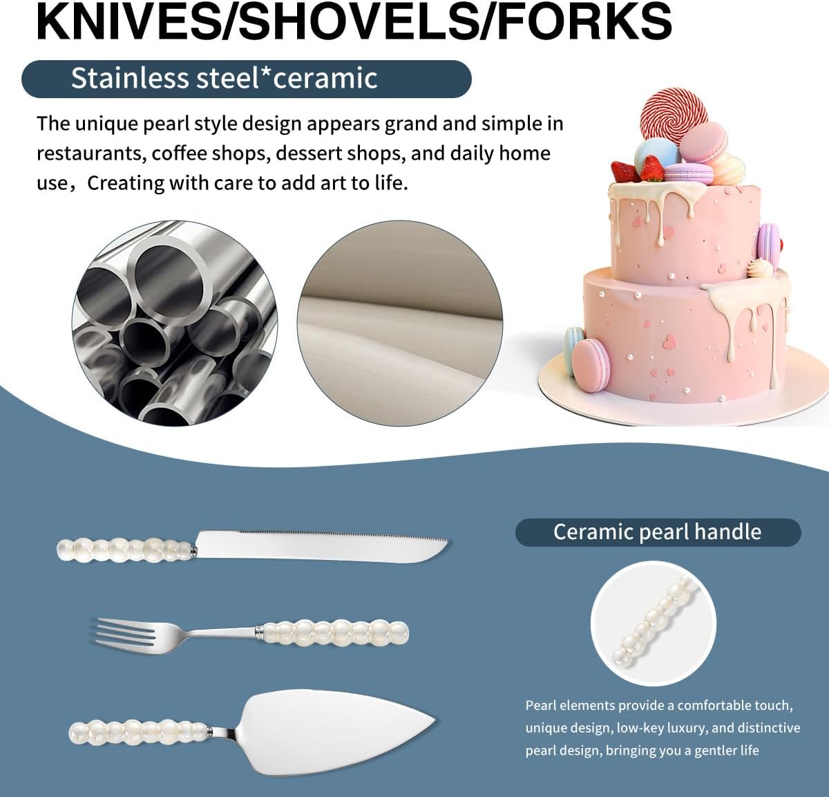 4Pcs Wedding Cake Knife and Server Set, Cake Cutting Set (Silver) | Ceramic Pearl Stainless Steel Pie Cutter, Bridal Shower Gifts, Engagement Gift for Couples