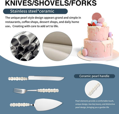 4Pcs Wedding Cake Knife and Server Set, Cake Cutting Set (Silver) | Ceramic Pearl Stainless Steel Pie Cutter, Bridal Shower Gifts, Engagement Gift for Couples