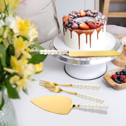 4Pcs Wedding Cake Knife and Server Set, Cake Cutting Set (Silver) | Ceramic Pearl Stainless Steel Pie Cutter, Bridal Shower Gifts, Engagement Gift for Couples
