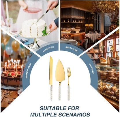 4Pcs Wedding Cake Knife and Server Set, Cake Cutting Set (Silver) | Ceramic Pearl Stainless Steel Pie Cutter, Bridal Shower Gifts, Engagement Gift for Couples
