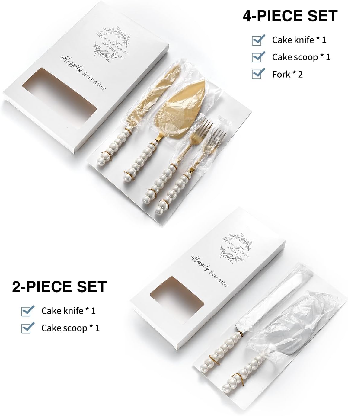 4Pcs Wedding Cake Knife and Server Set, Cake Cutting Set (Silver) | Ceramic Pearl Stainless Steel Pie Cutter, Bridal Shower Gifts, Engagement Gift for Couples