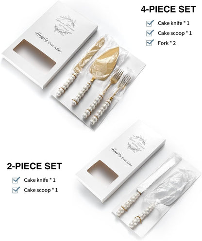 4Pcs Wedding Cake Knife and Server Set, Cake Cutting Set (Silver) | Ceramic Pearl Stainless Steel Pie Cutter, Bridal Shower Gifts, Engagement Gift for Couples