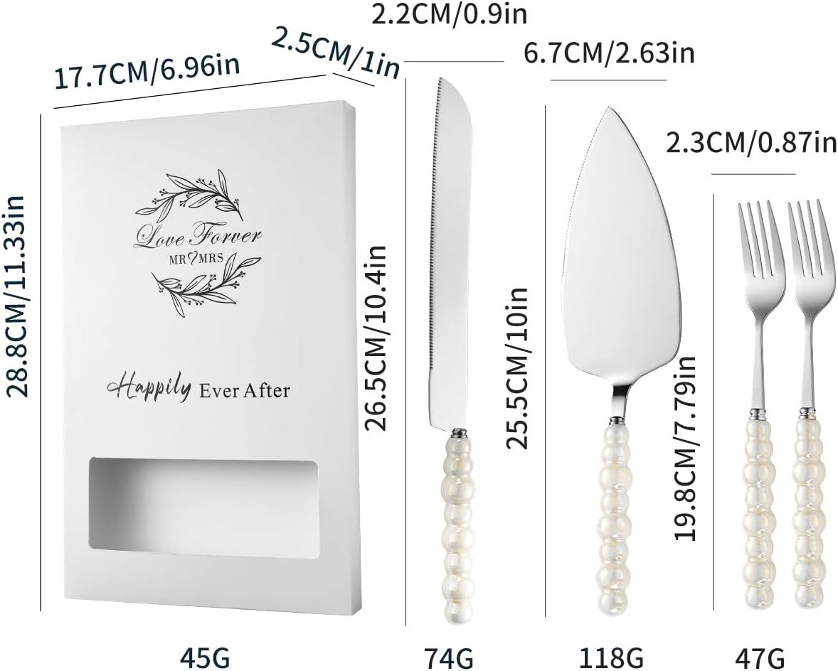 4Pcs Wedding Cake Knife and Server Set, Cake Cutting Set (Silver) | Ceramic Pearl Stainless Steel Pie Cutter, Bridal Shower Gifts, Engagement Gift for Couples