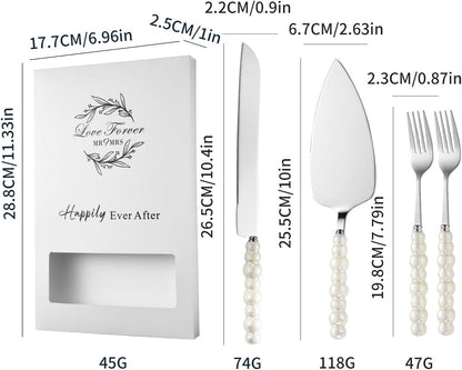 4Pcs Wedding Cake Knife and Server Set, Cake Cutting Set (Silver) | Ceramic Pearl Stainless Steel Pie Cutter, Bridal Shower Gifts, Engagement Gift for Couples