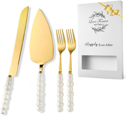 4Pcs Wedding Cake Knife and Server Set, Cake Cutting Set (Silver) | Ceramic Pearl Stainless Steel Pie Cutter, Bridal Shower Gifts, Engagement Gift for Couples