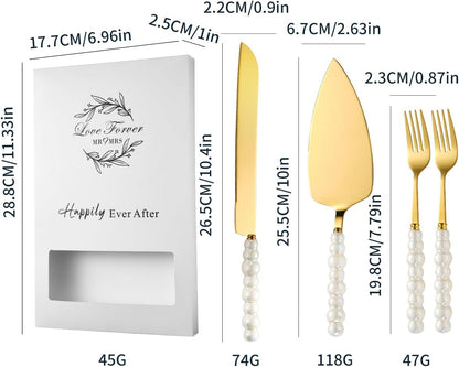 4Pcs Wedding Cake Knife and Server Set, Cake Cutting Set (Silver) | Ceramic Pearl Stainless Steel Pie Cutter, Bridal Shower Gifts, Engagement Gift for Couples