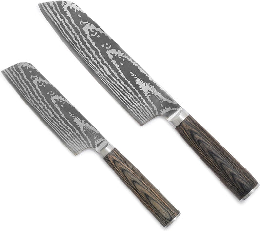 x Bobby Flay 5” & 7” Santoku Knife Set, Premium Stainless Steel Blades, Precision Cutting Kitchen Tools, Ultra-Sharp Cutlery, Hand Finished Ergonomic Wood Handle, Damascus Steel Design