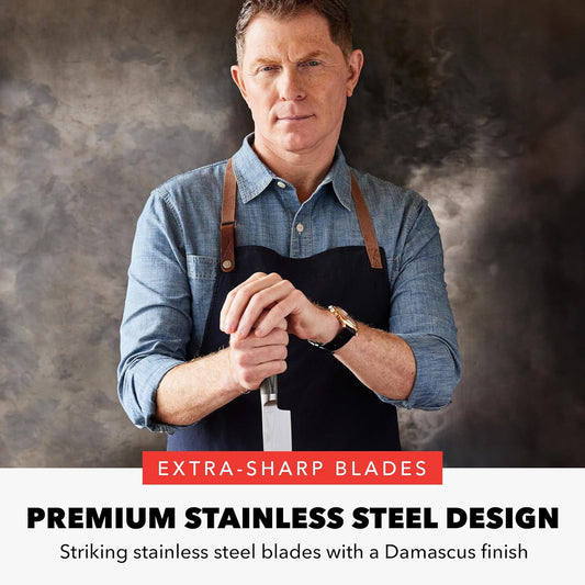 x Bobby Flay 5” & 7” Santoku Knife Set, Premium Stainless Steel Blades, Precision Cutting Kitchen Tools, Ultra-Sharp Cutlery, Hand Finished Ergonomic Wood Handle, Damascus Steel Design