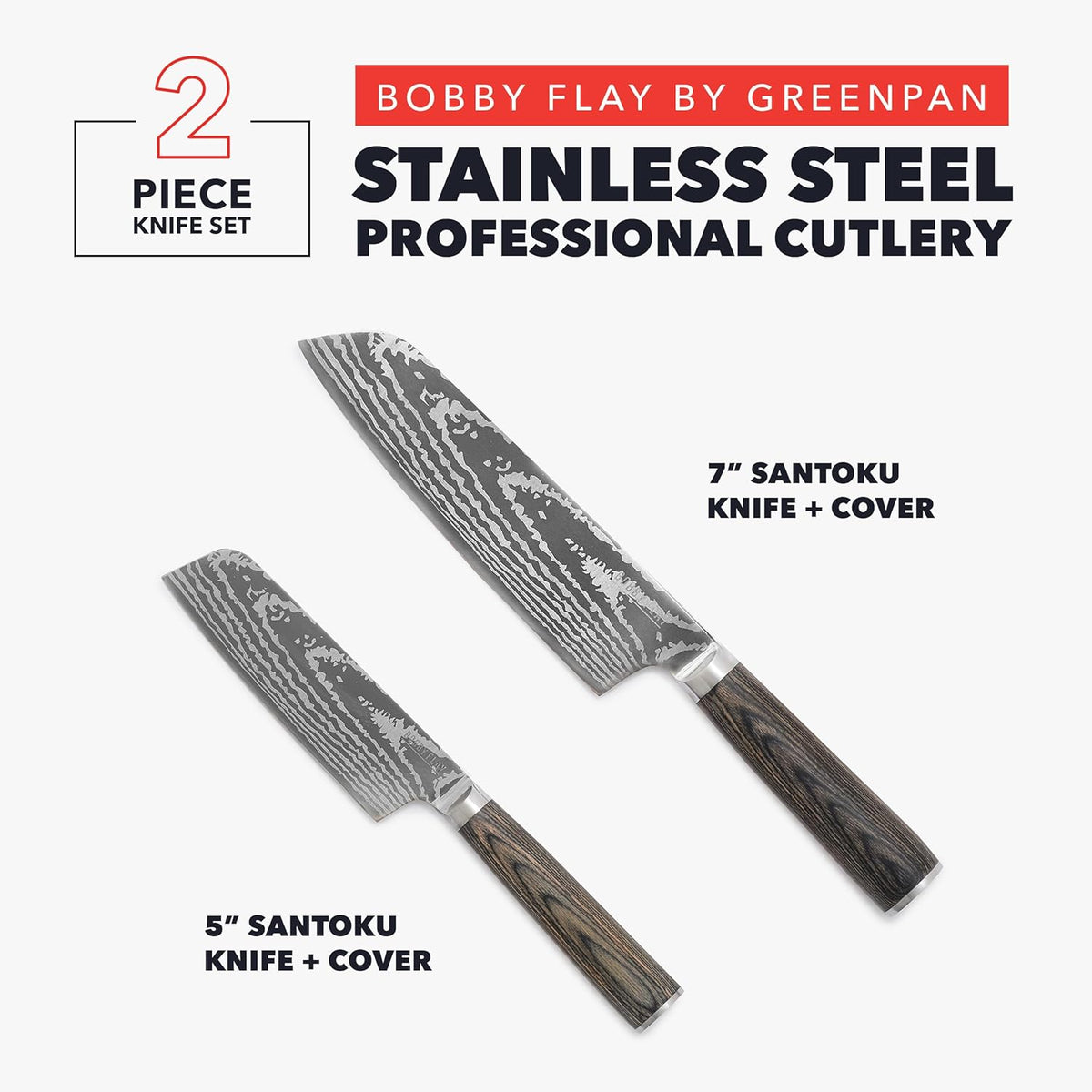 x Bobby Flay 5” & 7” Santoku Knife Set, Premium Stainless Steel Blades, Precision Cutting Kitchen Tools, Ultra-Sharp Cutlery, Hand Finished Ergonomic Wood Handle, Damascus Steel Design