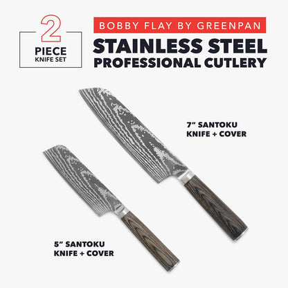 x Bobby Flay 5” & 7” Santoku Knife Set, Premium Stainless Steel Blades, Precision Cutting Kitchen Tools, Ultra-Sharp Cutlery, Hand Finished Ergonomic Wood Handle, Damascus Steel Design