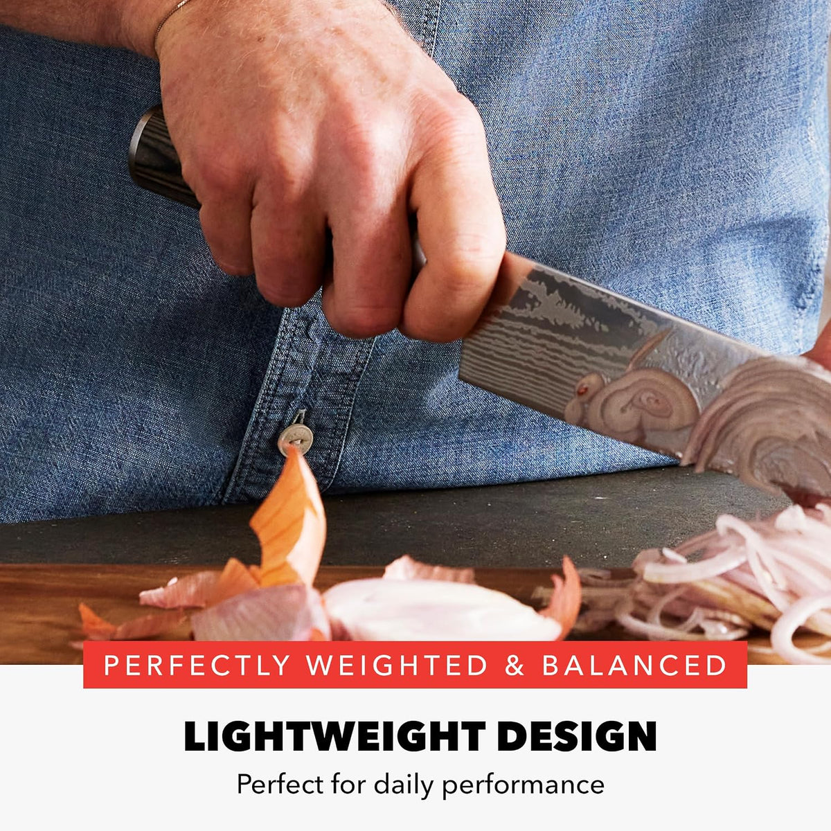 x Bobby Flay 5” & 7” Santoku Knife Set, Premium Stainless Steel Blades, Precision Cutting Kitchen Tools, Ultra-Sharp Cutlery, Hand Finished Ergonomic Wood Handle, Damascus Steel Design