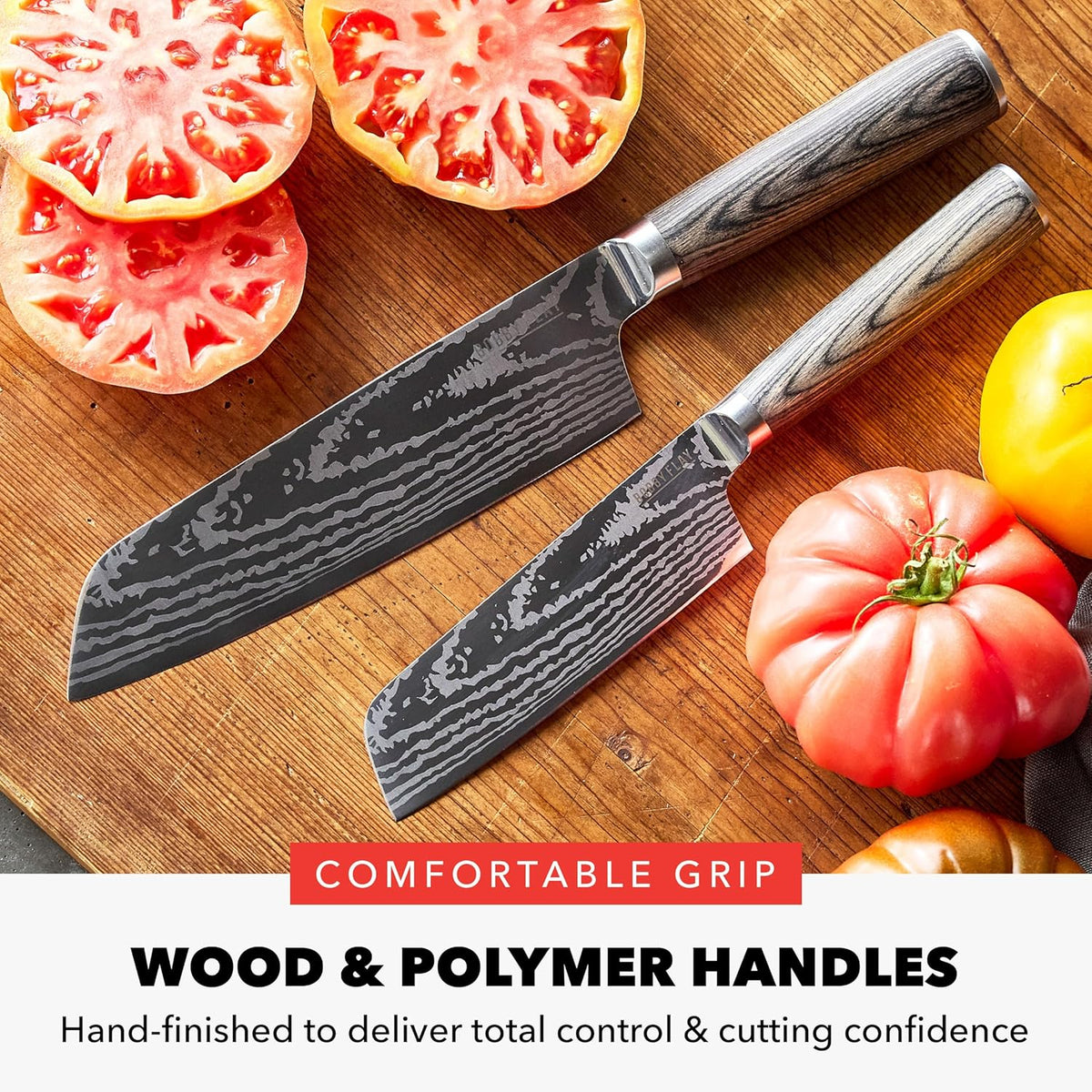 x Bobby Flay 5” & 7” Santoku Knife Set, Premium Stainless Steel Blades, Precision Cutting Kitchen Tools, Ultra-Sharp Cutlery, Hand Finished Ergonomic Wood Handle, Damascus Steel Design