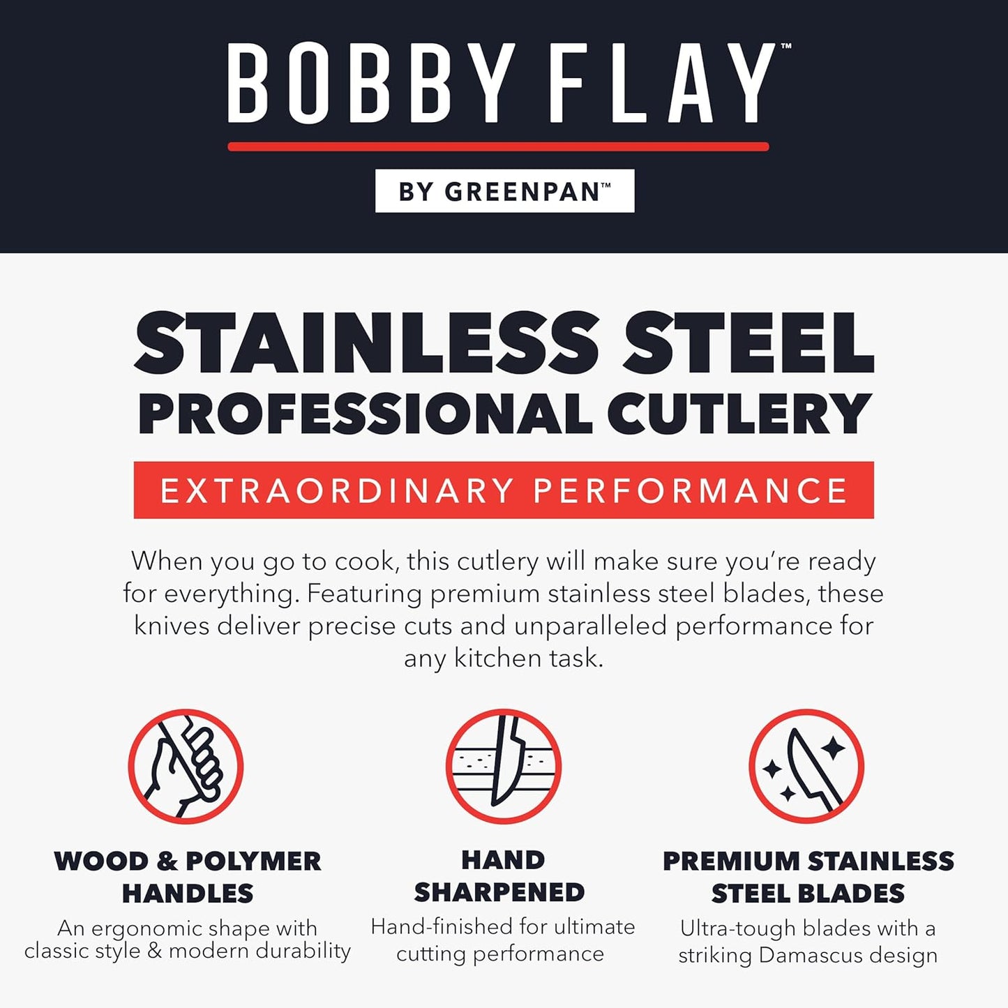 x Bobby Flay 5” & 7” Santoku Knife Set, Premium Stainless Steel Blades, Precision Cutting Kitchen Tools, Ultra-Sharp Cutlery, Hand Finished Ergonomic Wood Handle, Damascus Steel Design