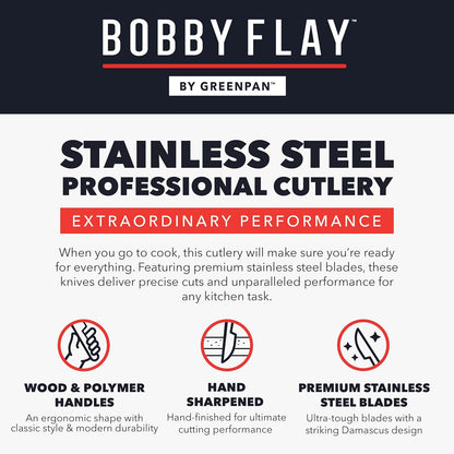 x Bobby Flay 5” & 7” Santoku Knife Set, Premium Stainless Steel Blades, Precision Cutting Kitchen Tools, Ultra-Sharp Cutlery, Hand Finished Ergonomic Wood Handle, Damascus Steel Design