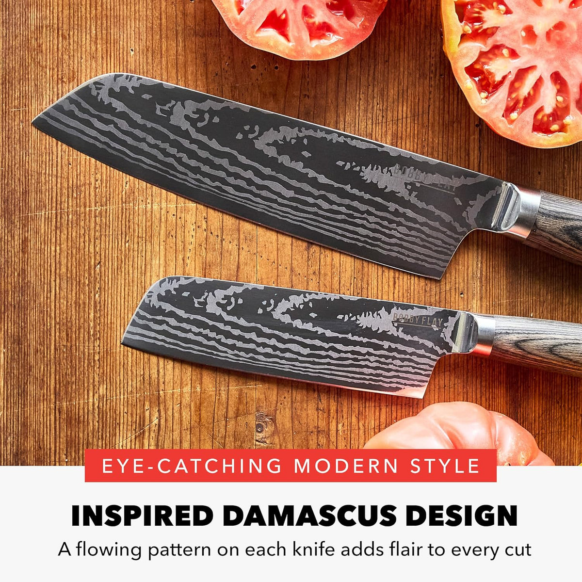 x Bobby Flay 5” & 7” Santoku Knife Set, Premium Stainless Steel Blades, Precision Cutting Kitchen Tools, Ultra-Sharp Cutlery, Hand Finished Ergonomic Wood Handle, Damascus Steel Design