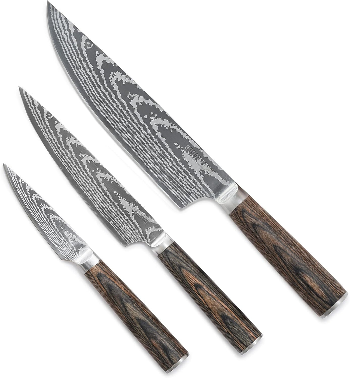 x Bobby Flay 5” & 7” Santoku Knife Set, Premium Stainless Steel Blades, Precision Cutting Kitchen Tools, Ultra-Sharp Cutlery, Hand Finished Ergonomic Wood Handle, Damascus Steel Design