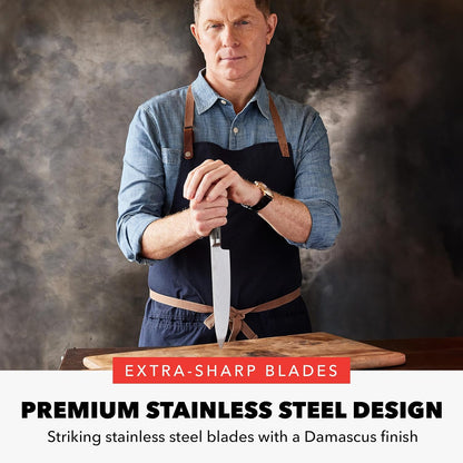 x Bobby Flay 5” & 7” Santoku Knife Set, Premium Stainless Steel Blades, Precision Cutting Kitchen Tools, Ultra-Sharp Cutlery, Hand Finished Ergonomic Wood Handle, Damascus Steel Design
