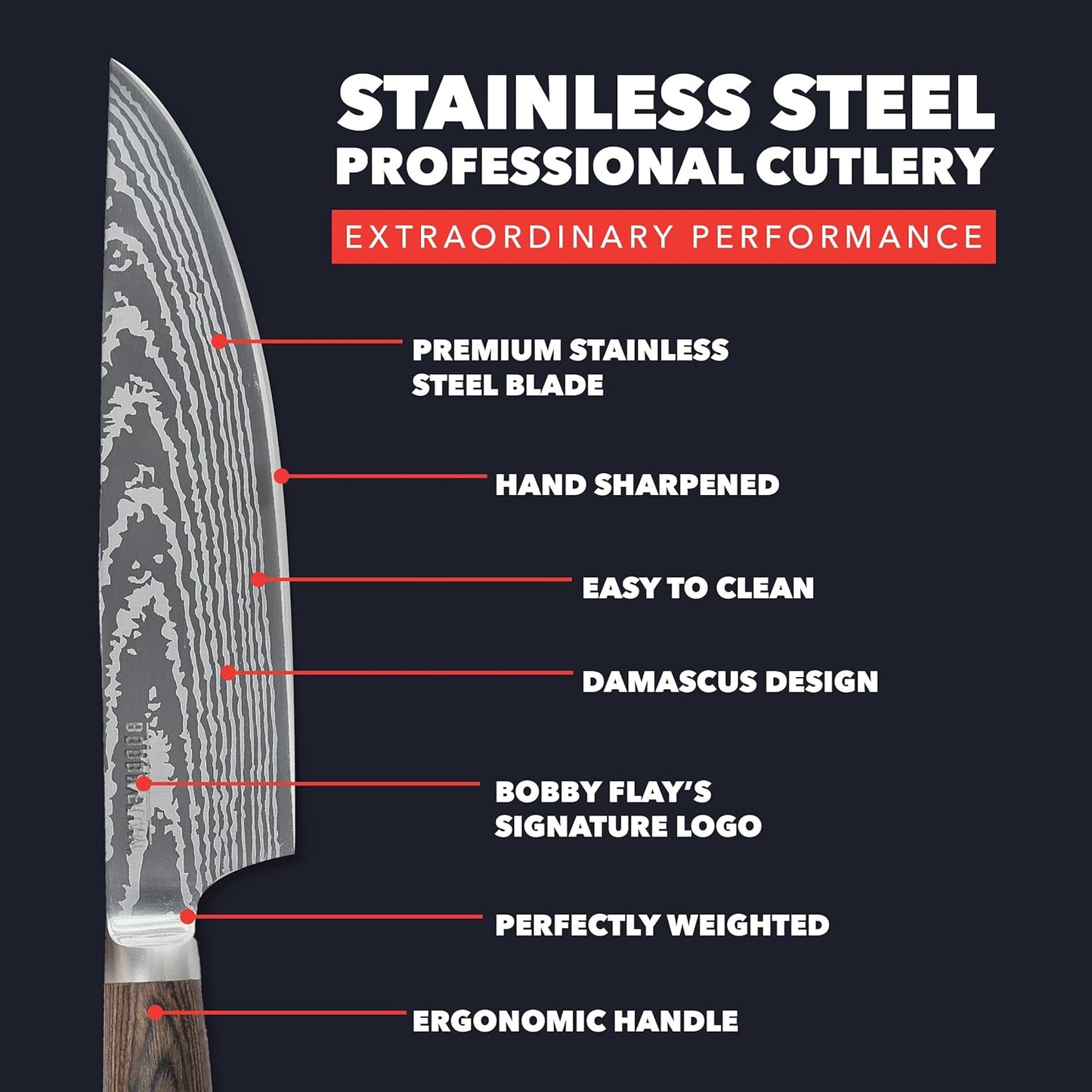 x Bobby Flay 5” & 7” Santoku Knife Set, Premium Stainless Steel Blades, Precision Cutting Kitchen Tools, Ultra-Sharp Cutlery, Hand Finished Ergonomic Wood Handle, Damascus Steel Design