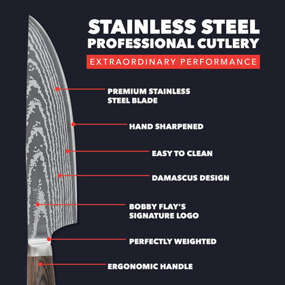 x Bobby Flay 5” & 7” Santoku Knife Set, Premium Stainless Steel Blades, Precision Cutting Kitchen Tools, Ultra-Sharp Cutlery, Hand Finished Ergonomic Wood Handle, Damascus Steel Design