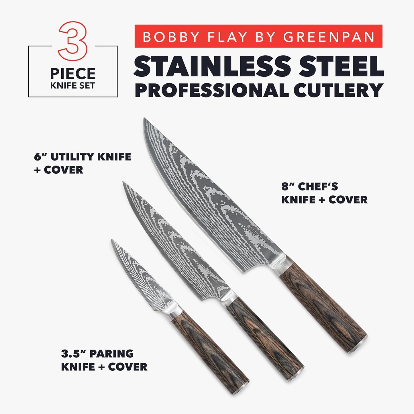 x Bobby Flay 5” & 7” Santoku Knife Set, Premium Stainless Steel Blades, Precision Cutting Kitchen Tools, Ultra-Sharp Cutlery, Hand Finished Ergonomic Wood Handle, Damascus Steel Design