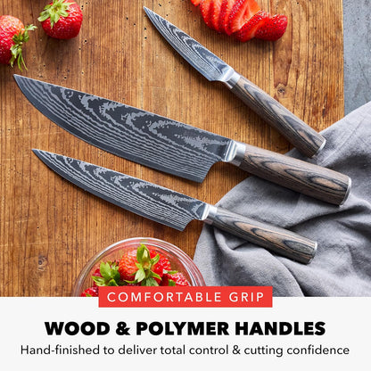 x Bobby Flay 5” & 7” Santoku Knife Set, Premium Stainless Steel Blades, Precision Cutting Kitchen Tools, Ultra-Sharp Cutlery, Hand Finished Ergonomic Wood Handle, Damascus Steel Design