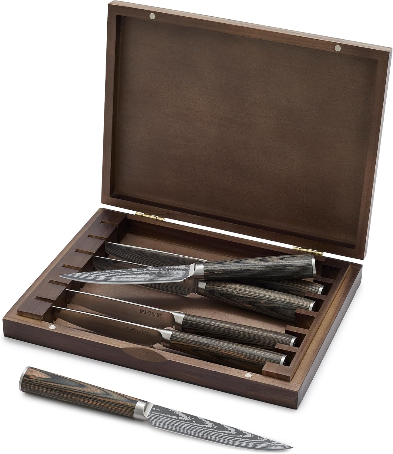 x Bobby Flay 5” & 7” Santoku Knife Set, Premium Stainless Steel Blades, Precision Cutting Kitchen Tools, Ultra-Sharp Cutlery, Hand Finished Ergonomic Wood Handle, Damascus Steel Design
