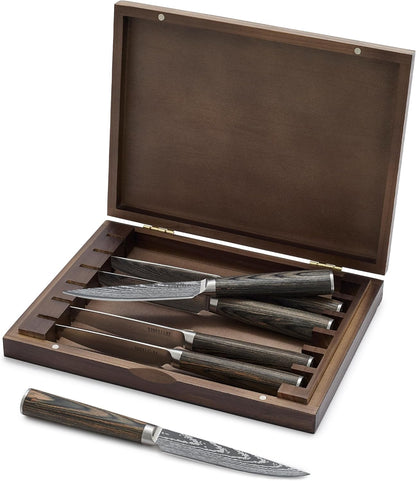 x Bobby Flay 5” & 7” Santoku Knife Set, Premium Stainless Steel Blades, Precision Cutting Kitchen Tools, Ultra-Sharp Cutlery, Hand Finished Ergonomic Wood Handle, Damascus Steel Design