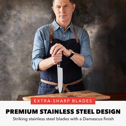 x Bobby Flay 5” & 7” Santoku Knife Set, Premium Stainless Steel Blades, Precision Cutting Kitchen Tools, Ultra-Sharp Cutlery, Hand Finished Ergonomic Wood Handle, Damascus Steel Design