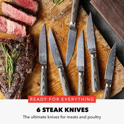 x Bobby Flay 5” & 7” Santoku Knife Set, Premium Stainless Steel Blades, Precision Cutting Kitchen Tools, Ultra-Sharp Cutlery, Hand Finished Ergonomic Wood Handle, Damascus Steel Design